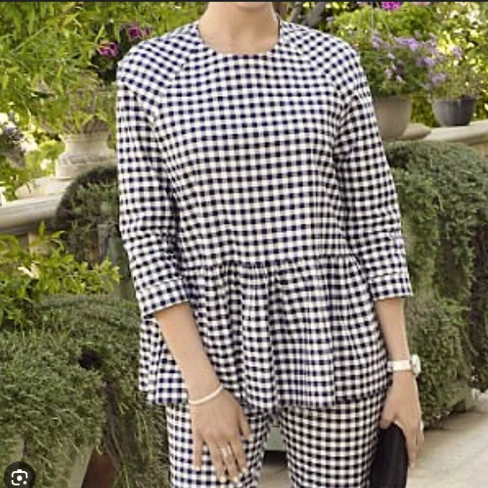 Victoria Beckham for Target | Navy Blue Gingham Print Peplum Blouse Small